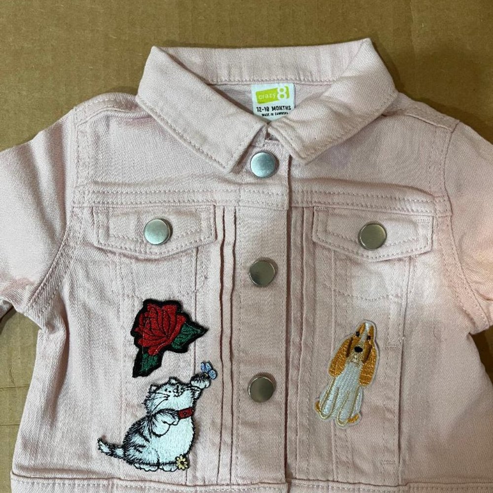 NWOT Infant Girls Pink Jean Jacket, 12-18 mos. Animal Patches & Appliques